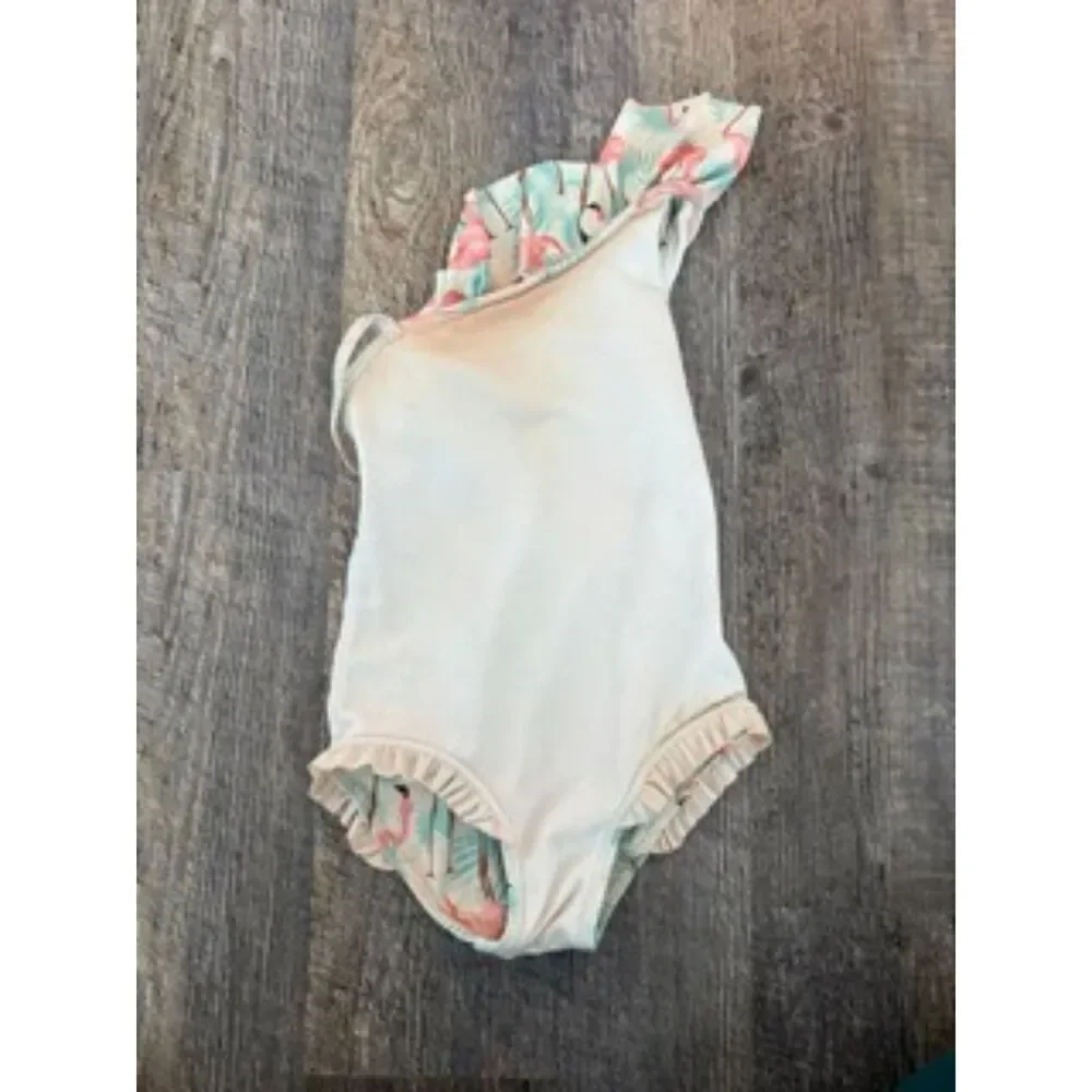RuffleButts Girls 4T Flamingo Tropical Ruffle One Piece Swimsuit Aqua Pink